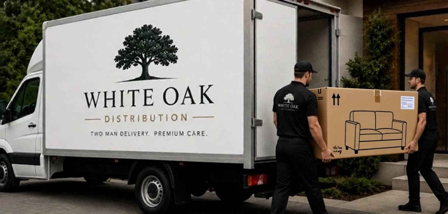 A White Oak Distribution Luton lorry outside a home, with two crew carrying a boxed sofa to the door.